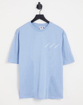adidas Originals 'Logomania' triple logo t-shirt in light blue