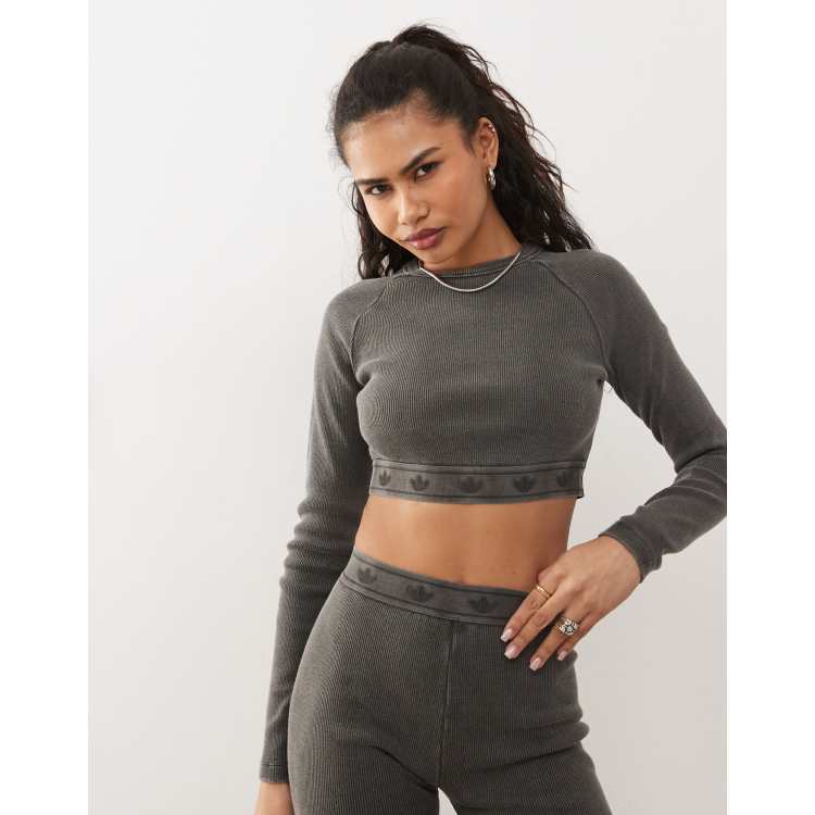 【adidas】Originals essential rib long sleeve crop top adidas Essentials Wide Rib Long Sleeve Tee - Black | Free