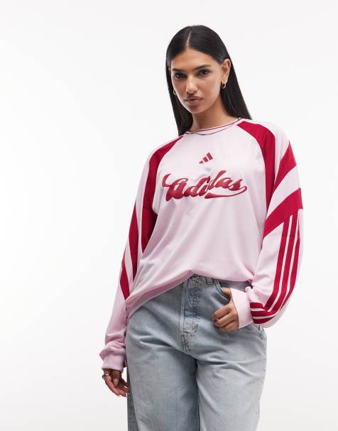 adidas Originals long sleeve football jersey in light pink and maroon - view 1