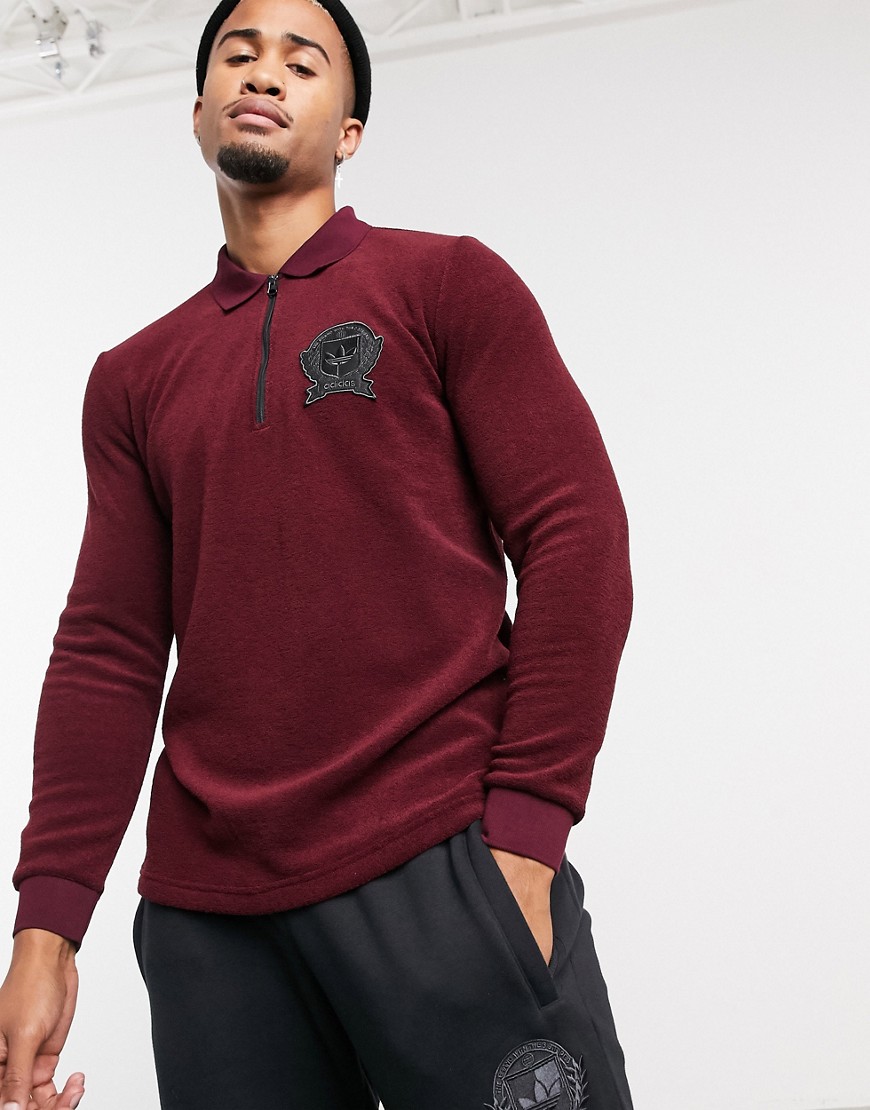 Adidas Originals long sleeve polo shirt with collegiate crest in burgundy terry towel fabric-Red