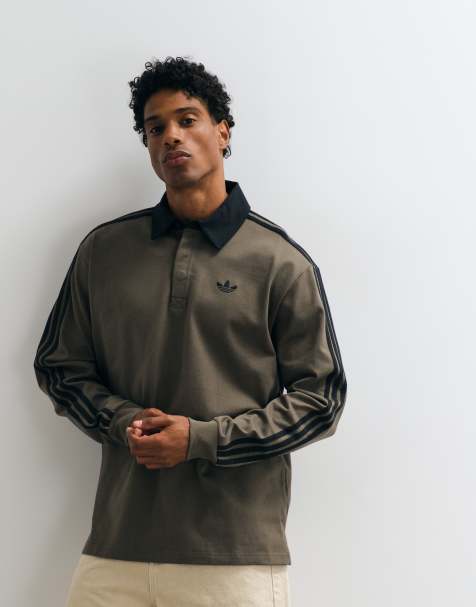 adidas Originals long sleeve rugby polo shirt in charcoal and black - view 1