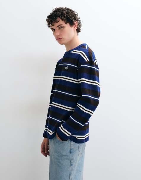 adidas Originals long sleeve striped waffle t-shirt in navy - view 1