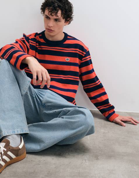 adidas Originals long sleeve striped waffle t-shirt in red - view 1