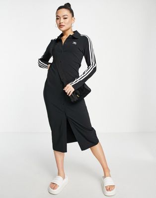adidas Originals long sleeve three stripe bodycon dress in black