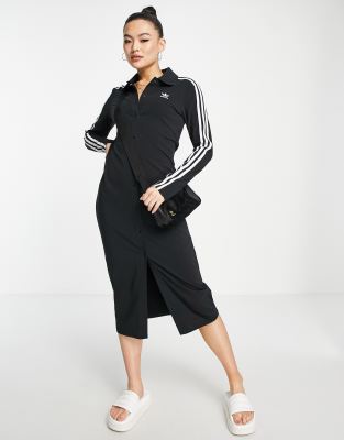 adidas Originals long sleeve three stripe bodycon dress in black