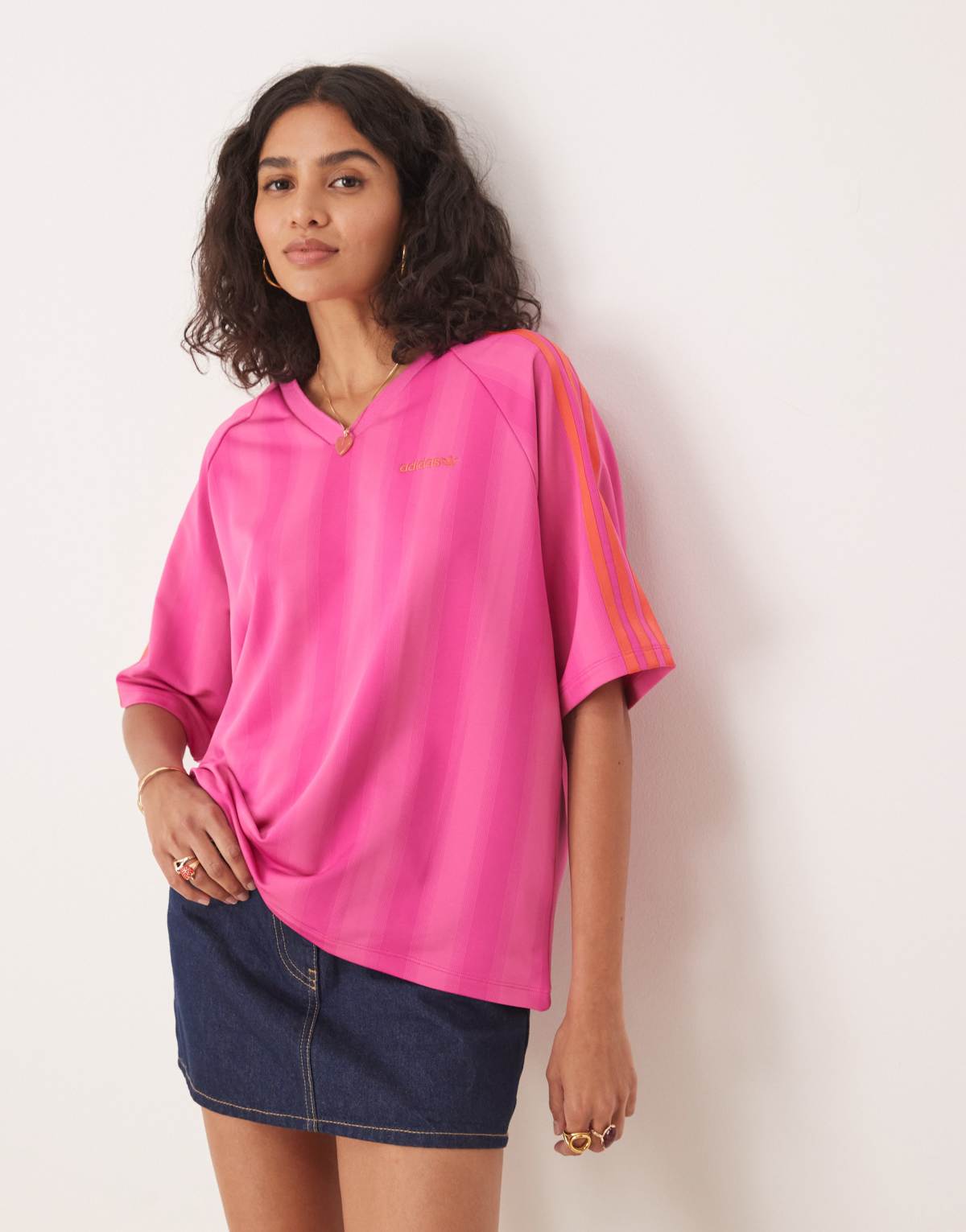 adidas Originals Loose linear tee in semi lucid fuchsia
