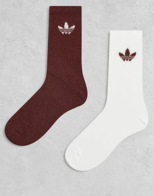 adidas Originals - Lot de 2 paires de chaussettes duveteuses à logo trèfle - Marron et blanc-Brown
