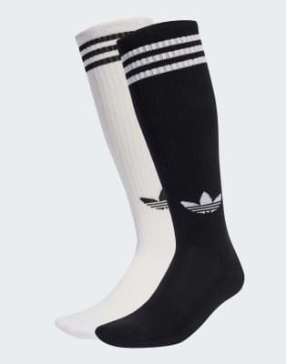 adidas Originals - Lot de 2 paires de chaussettes montantes à logo 3 bandes - Noir/blanc
