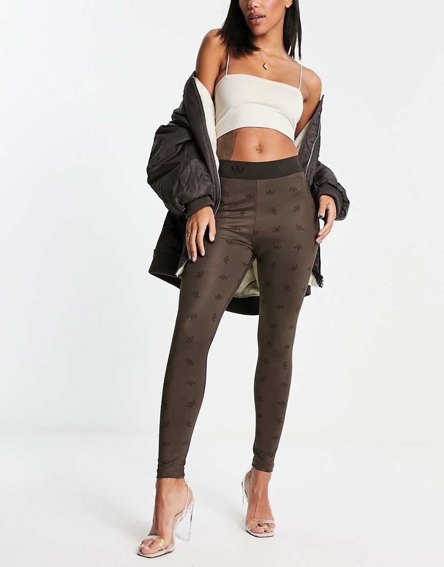 adidas Originals Luxe Lounge high waisted repeat logo leggings in brown