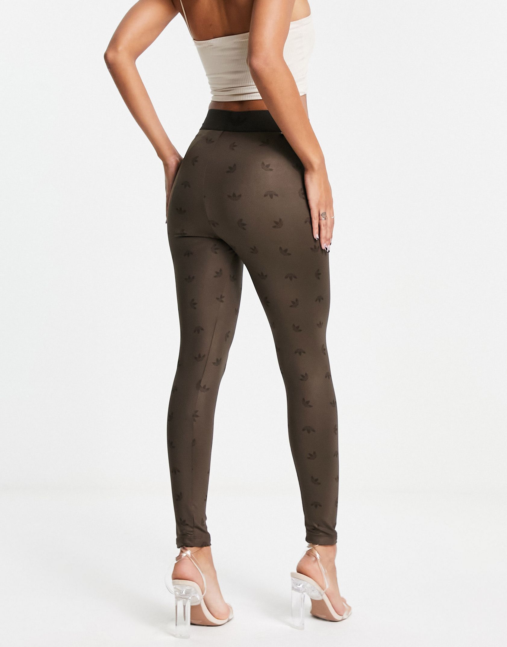 adidas Originals Luxe Lounge high waisted repeat logo leggings in brown -  Price Checker