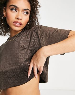 adidas Originals Luxe Lounge repeat logo cropped top in brown