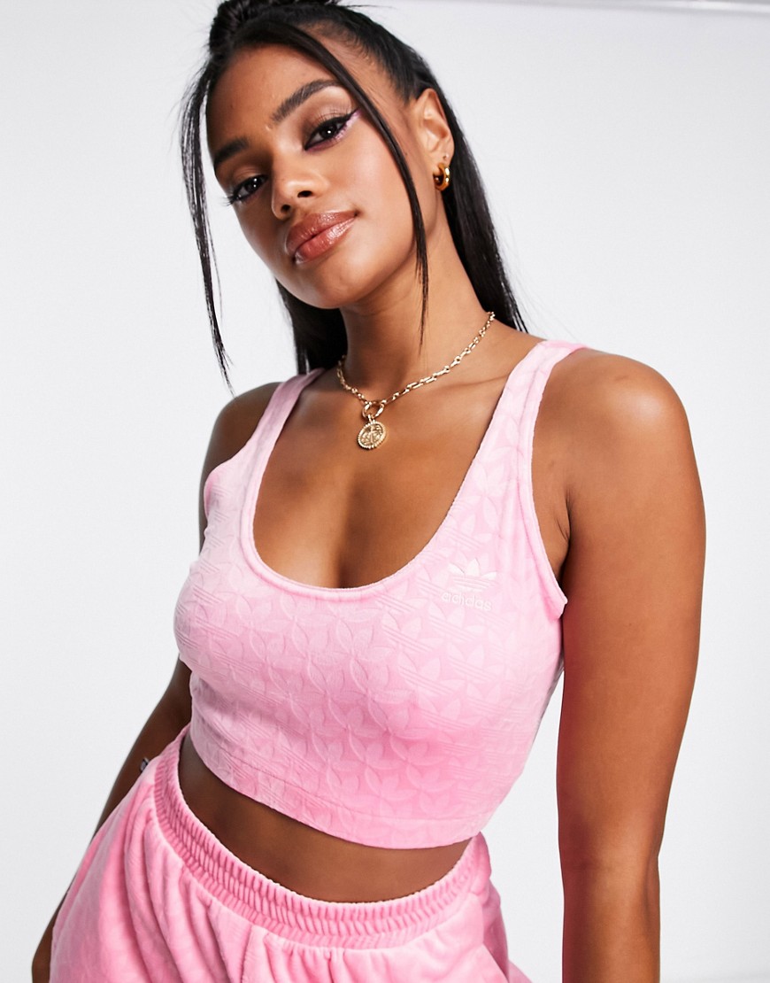 adidas Originals Luxe Lounge velour repeat logo cropped top in pink