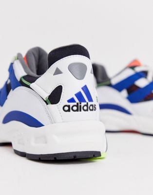 white adidas with blue stripes