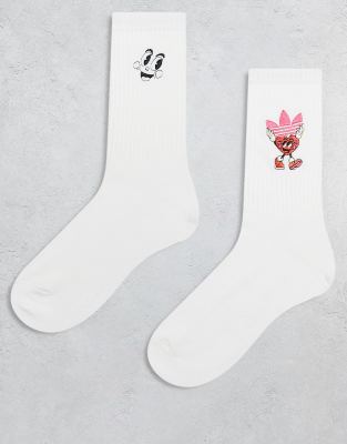 adidas Originals adidas Originals Made By Nelson 2 pack crew socks with heart graphic-White