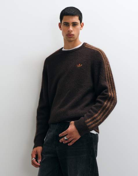 adidas Originals maglione lavorato a maglia morbida a tre strisce marrone - view 1