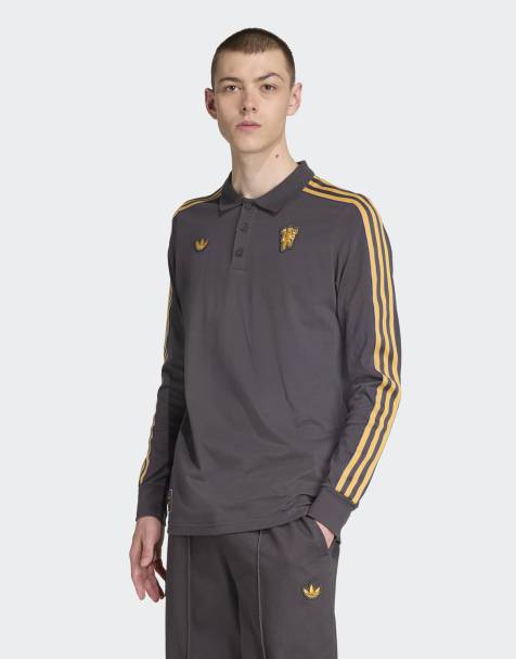adidas Originals Manchester united terrace icons long sleeve polo shirt in utility black - view 1