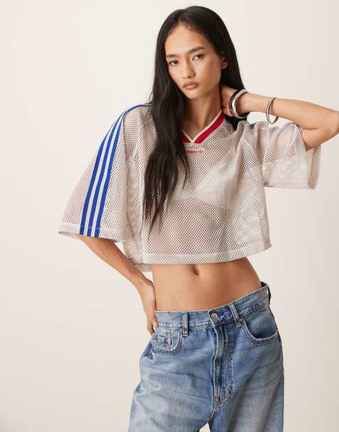 adidas Originals mesh crop tee in gray