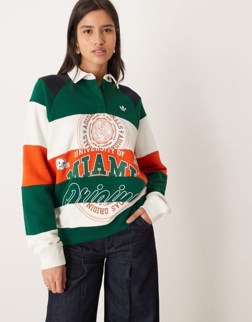 adidas Originals – Miami – Grön och orangerandig pikétröja i oversize