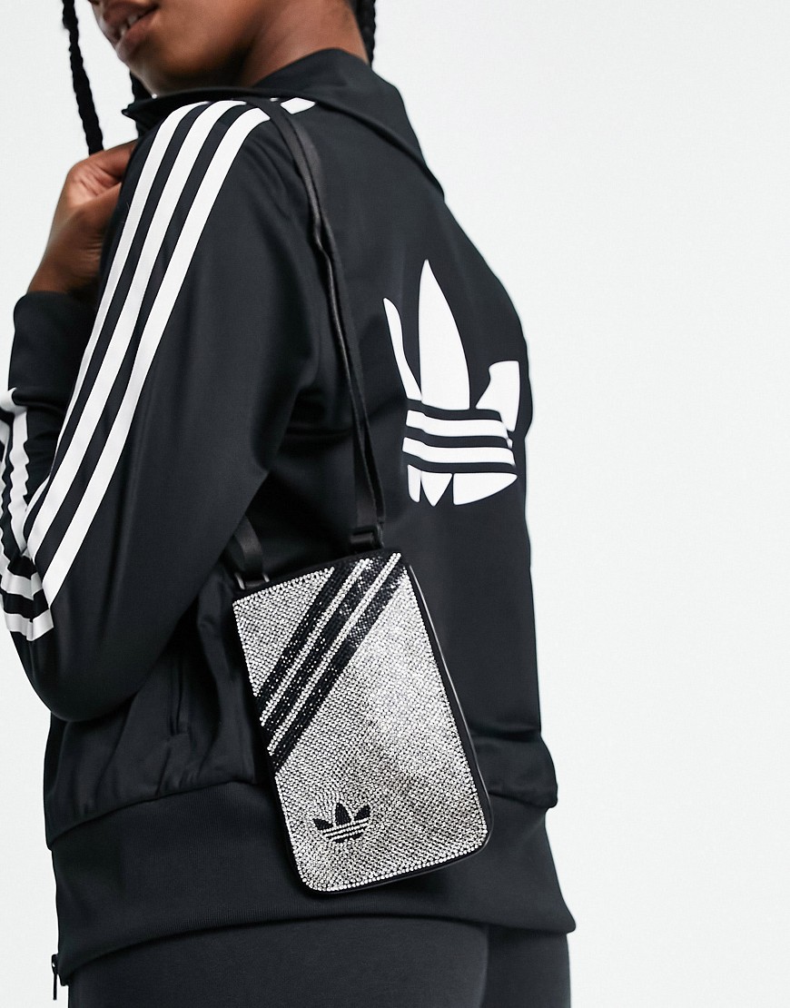 Adidas Originals - Mini crossbody tas met kristallen en 3-Stripes in zilver