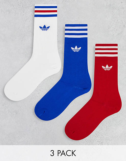 adidas Originals – Mittelhohe Crew-Socken in Weiß, Rot und Blau mit 3  mehrfarbigen Streifen im 3er-Pack | ASOS