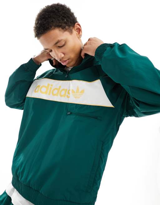 adidas Originals - Mørkegrøn og gul vindjakke med lineært logo