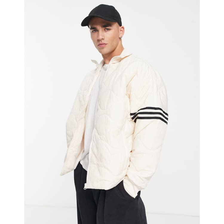 Adidas white jacket shop with black stripes