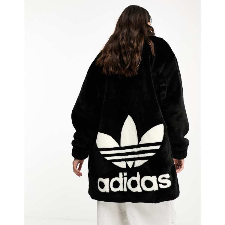 Adidas originals faux fur jacket clearance with back trefoil logo in black