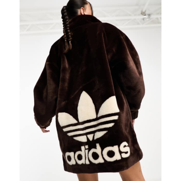 adidas Originals Neutral Court faux fur coat with trefoil in chocolate brown