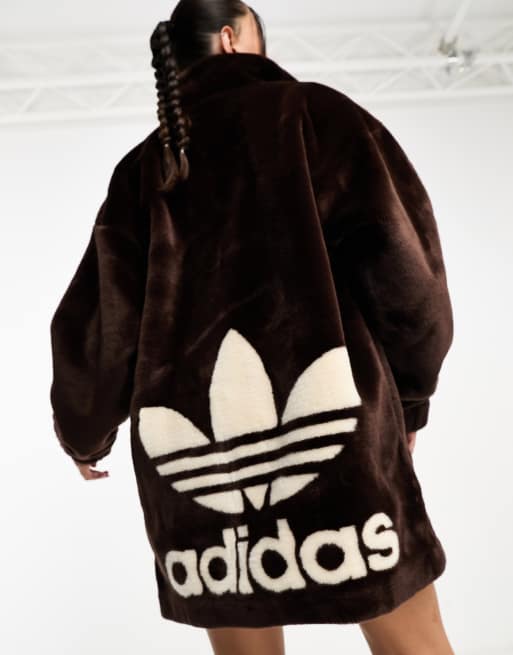 Adidas originals faux fur jacket store with back trefoil logo in black