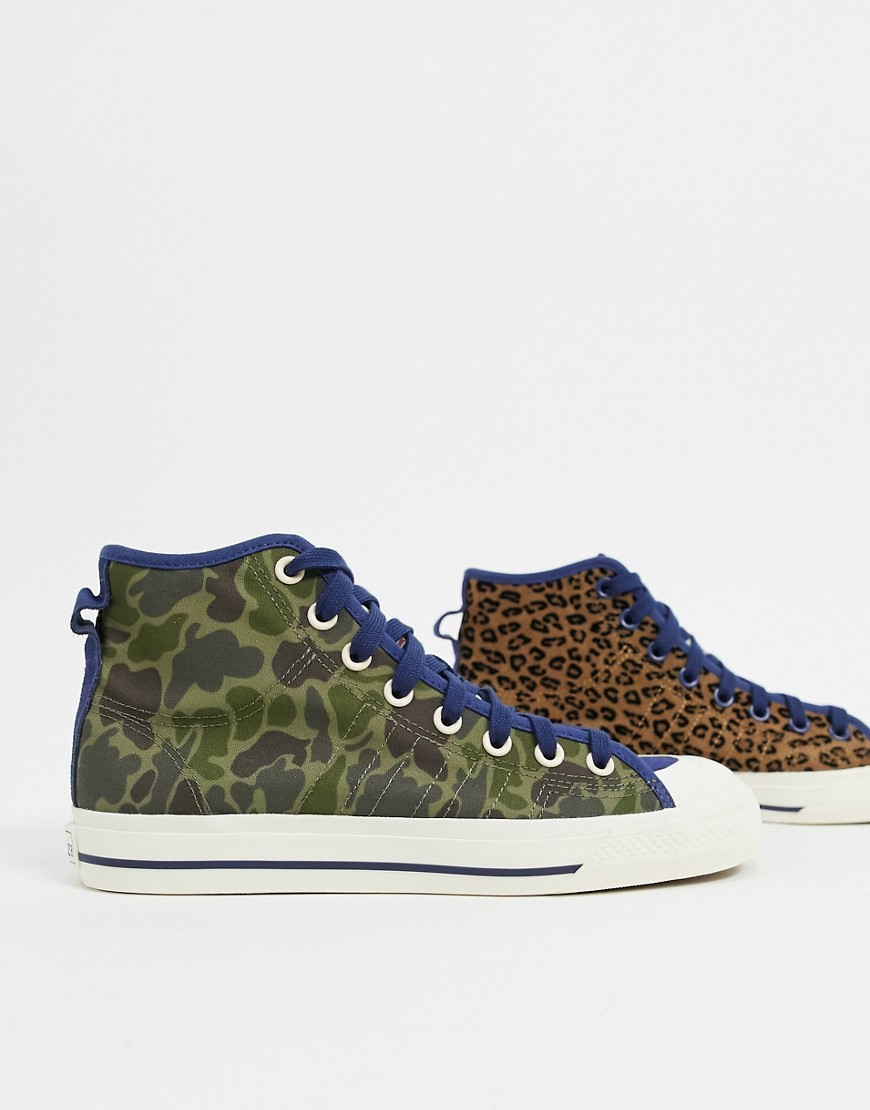 adidas Originals – Nizza – Kamouflage- och leopardmönstrade sneakers med högt skaft-Grå