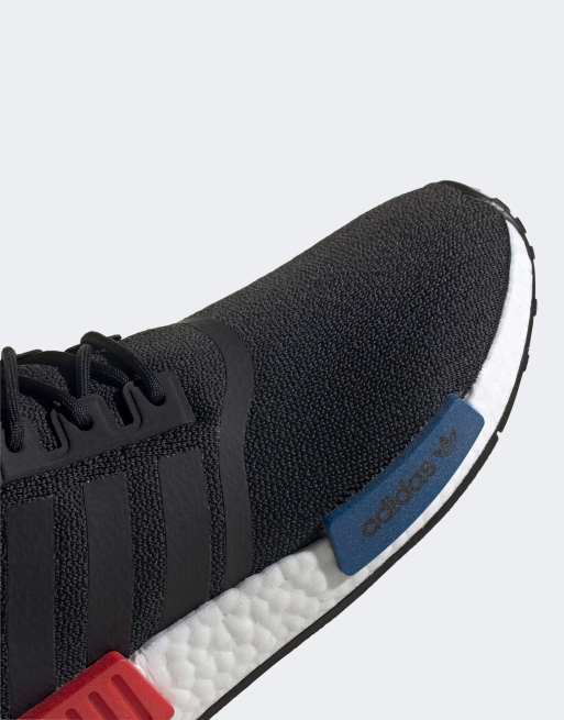 adidas Originals NMD R1 Sneaker in Schwarz mit roten und blauen Leisten Details ASOS