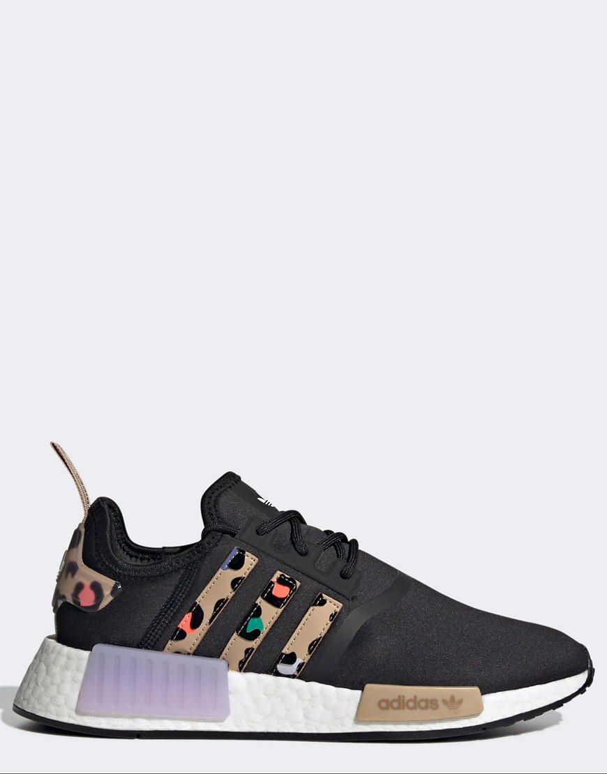 ADIDAS ORIGINALS NMD R1 SNEAKERS IN BLACK WITH LEOPARD PRINT,H00670