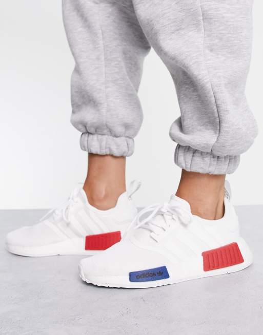 Nmd r1 white 2025 with red and blue