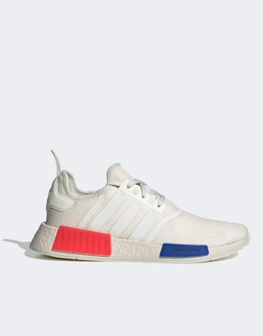 Adidas nmd white with red and blue best sale