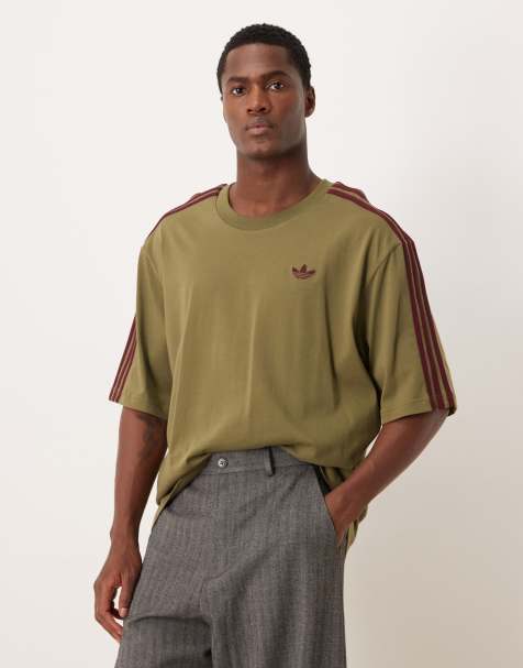 adidas Originals three stripe t-shirt in olive and maroon