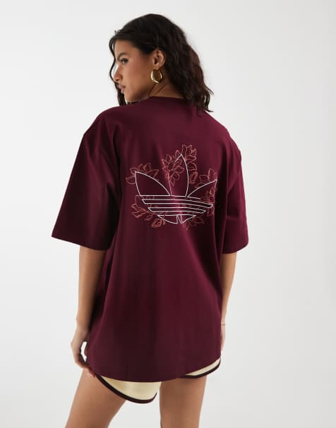 adidas Originals – Oversize-T-Shirt in Kastanienbraun mit Blumenstickerei - view 1
