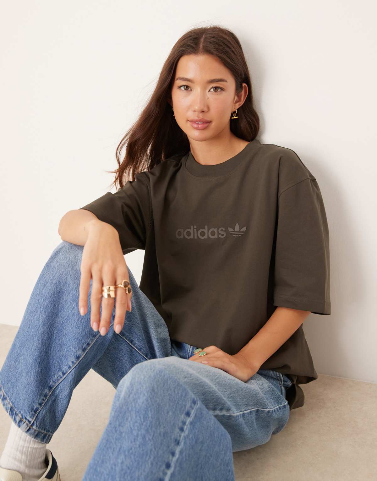 adidas Originals oversized linear logo t-shirt in olive