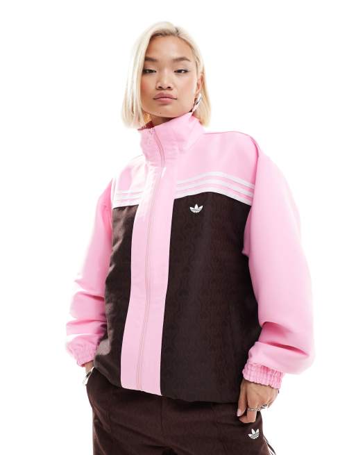 adidas Originals oversized monogram track top in pink and brown