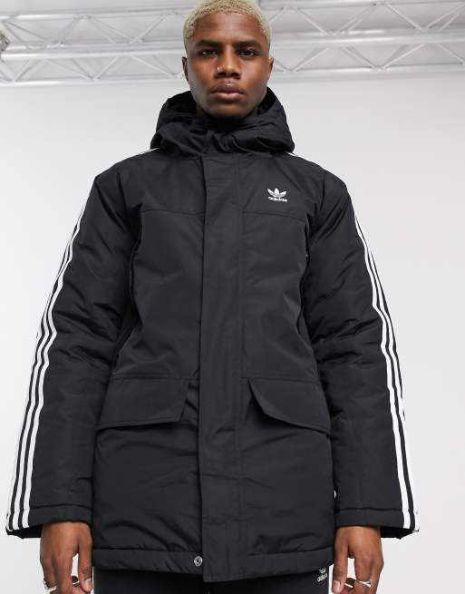 adidas Originals parka with 3 stripes in black | ASOS