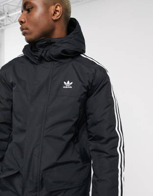 adidas originals parka with 3 stripes in black