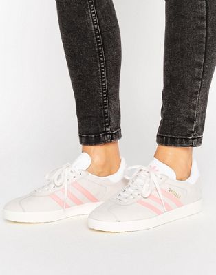 grey adidas trainers with pink stripes