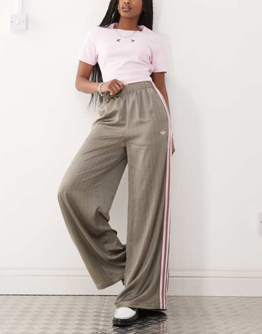adidas Originals pin stripe wide leg pants in gray and pink