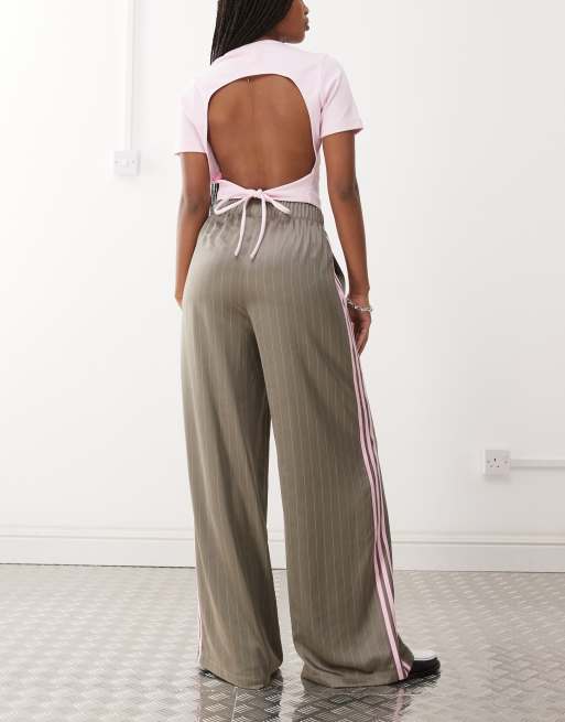 adidas Originals pin stripe wide leg pants in gray and pink