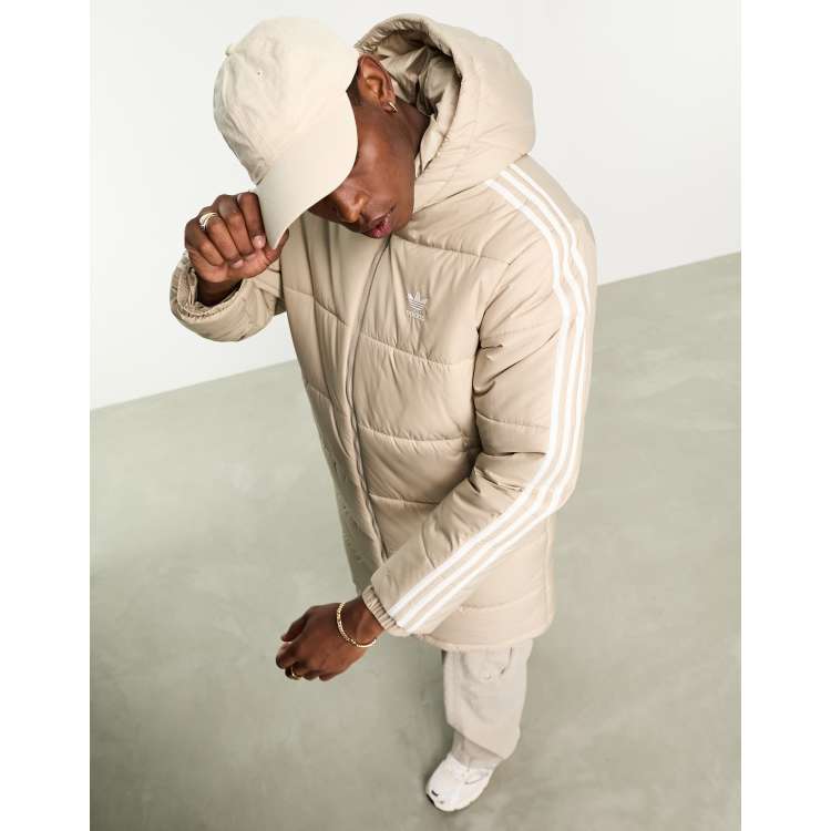 adidas Originals Piumino beige taglio lungo con cappuccio e 3 strisce