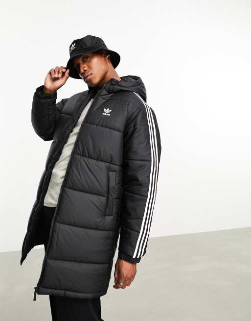 adidas Originals Piumino nero taglio lungo con cappuccio e 3 strisce