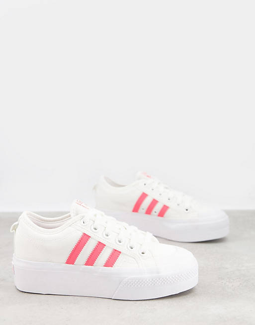  Trainers/adidas Originals platform Nizza trainers in white with pink three stripes 