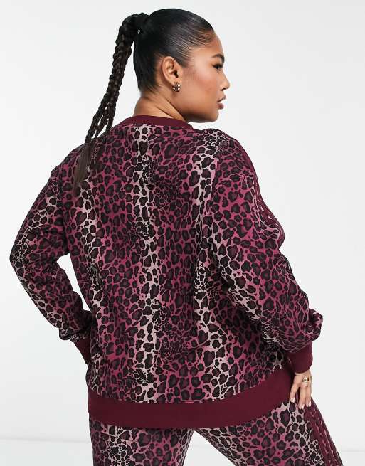 adidas Originals Plus 3-Stripes leopard print sweatshirt in burgundy