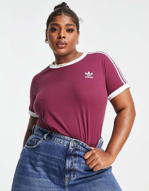 adidas Originals Plus – adicolor – Bordowy T-shirt z trzema paskami