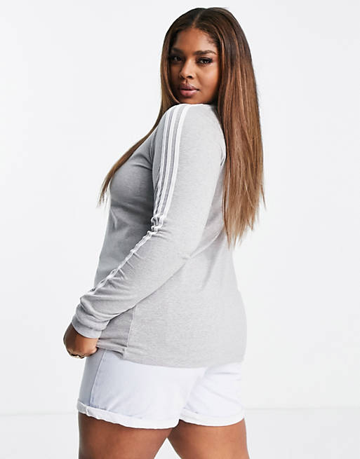 Women adidas Originals Plus adicolor three stripe long sleeve top in grey 