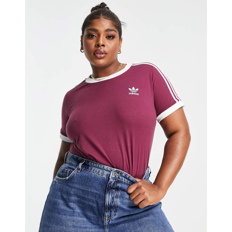 adidas Originals Plus adicolor three stripe t shirt in burgundy ASOS